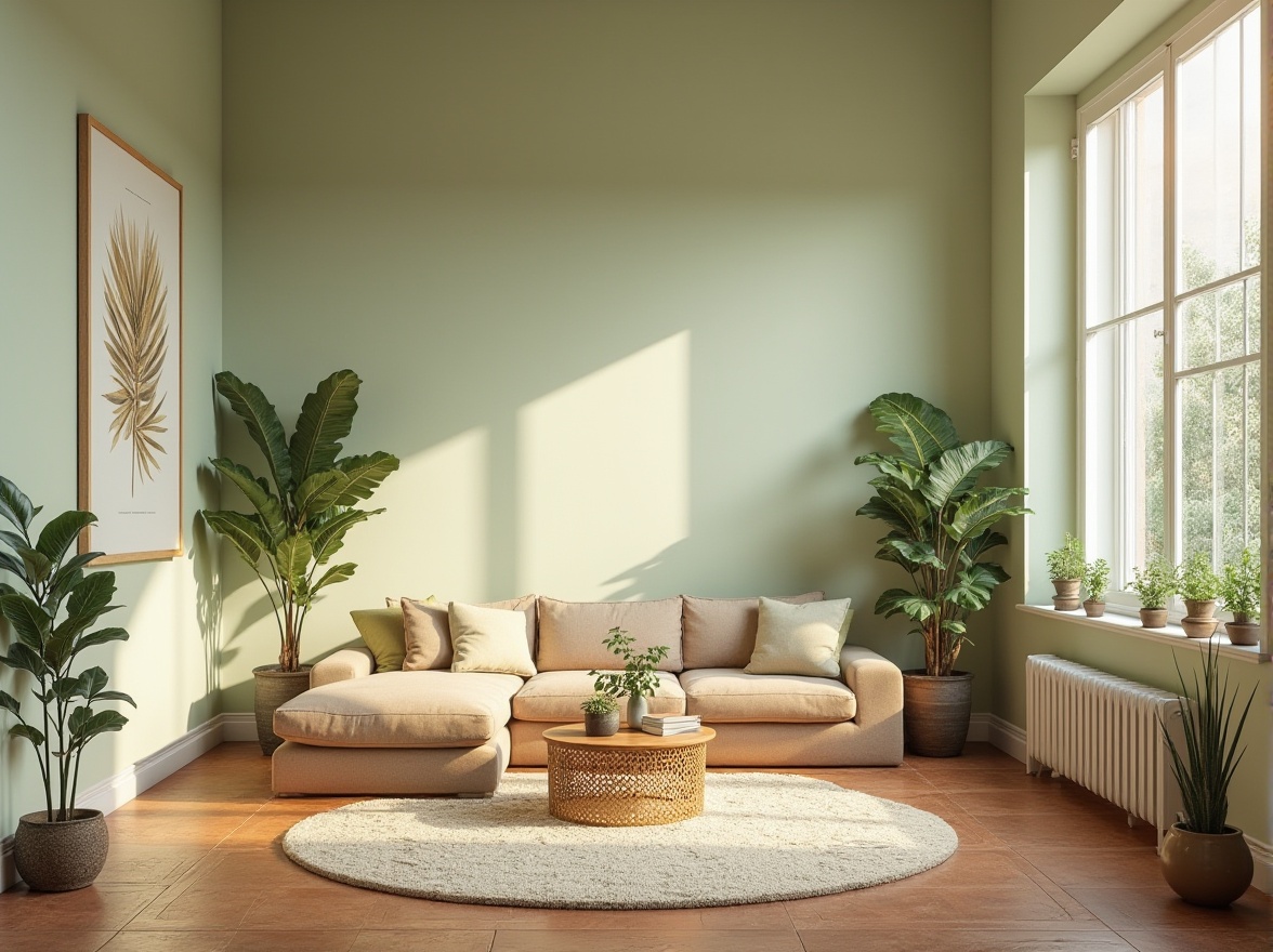 Prompt: Soft pale green walls, creamy whites, warm beige accents, natural textures, earthy terracotta floors, distressed wood furniture, vintage metal decorations, lush indoor plants, botanical illustrations, warm golden lighting, shallow depth of field, 1/1 composition, realistic renderings, ambient occlusion.