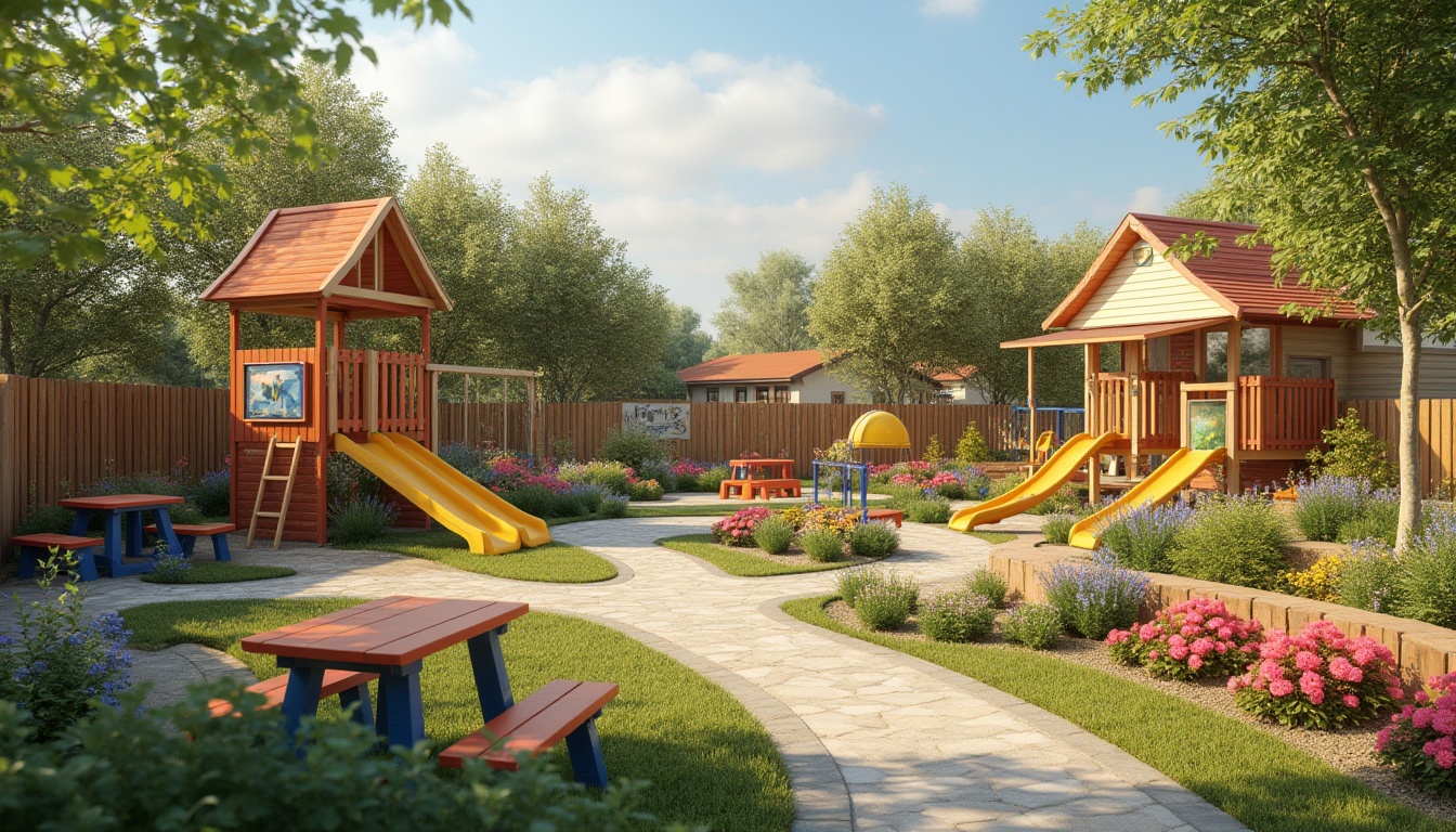 Prompt: Vibrant kindergarten playground, curved slides, wooden climbing frames, interactive play equipment, sensory gardens, colorful flower beds, natural stone pathways, rustic wood fences, whimsical outdoor furniture, educational signage, nature-inspired murals, butterfly-attracting plants, sunny day, soft warm lighting, shallow depth of field, 3/4 composition, panoramic view, realistic textures, ambient occlusion.