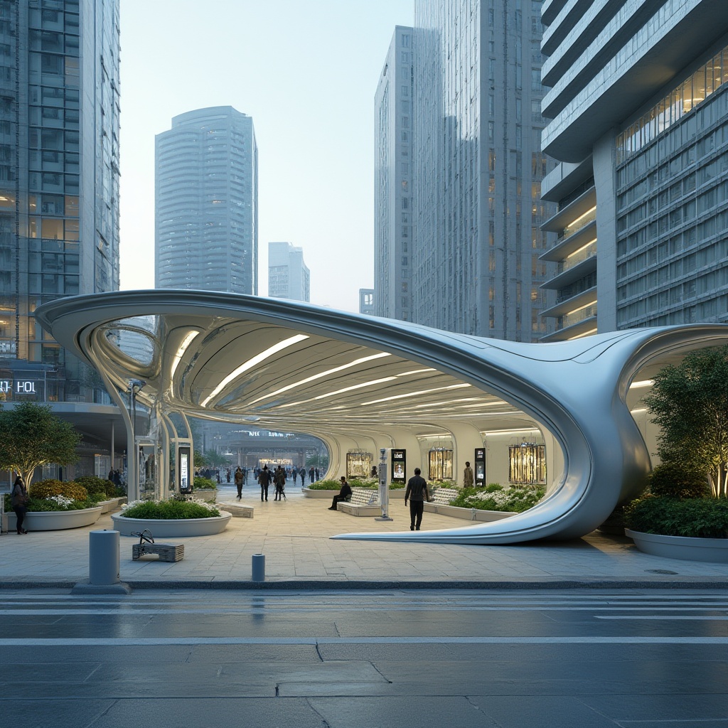 Prompt: Futuristic bus station, curved dynamic lines, metallic silver fa\u00e7ade, LED light strips, glass roofs, cantilevered structures, modern urban landscape, bustling city streets, electric vehicle charging stations, solar panels, green walls, digital displays, interactive information boards, sleek benches, minimalist design, shallow depth of field, 1/1 composition, high-contrast lighting, realistic reflections, ambient occlusion.