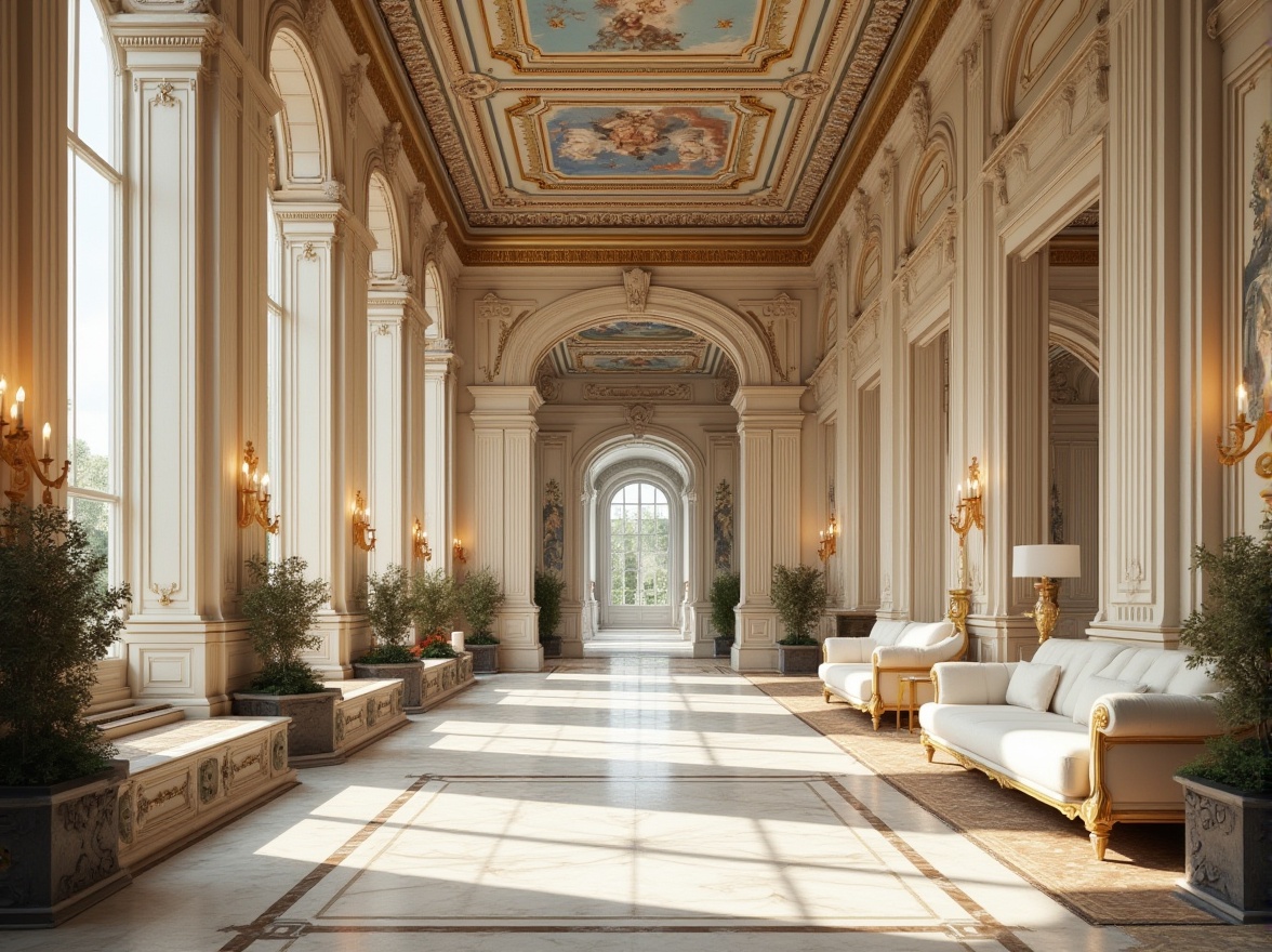 Prompt: Elegant neoclassical fa\u00e7ade, creamy white marble, warm beige limestone, rich golden ornate details, soft blue-gray slate roofs, subtle bronze accents, ornamental columns, grand archways, symmetrical compositions, natural light flooding through large windows, crisp black outlines, luxurious velvet drapes, antique furniture pieces, intricate fresco ceilings, warm candlelight ambiance, shallow depth of field, 1/2 composition, realistic textures, ambient occlusion.