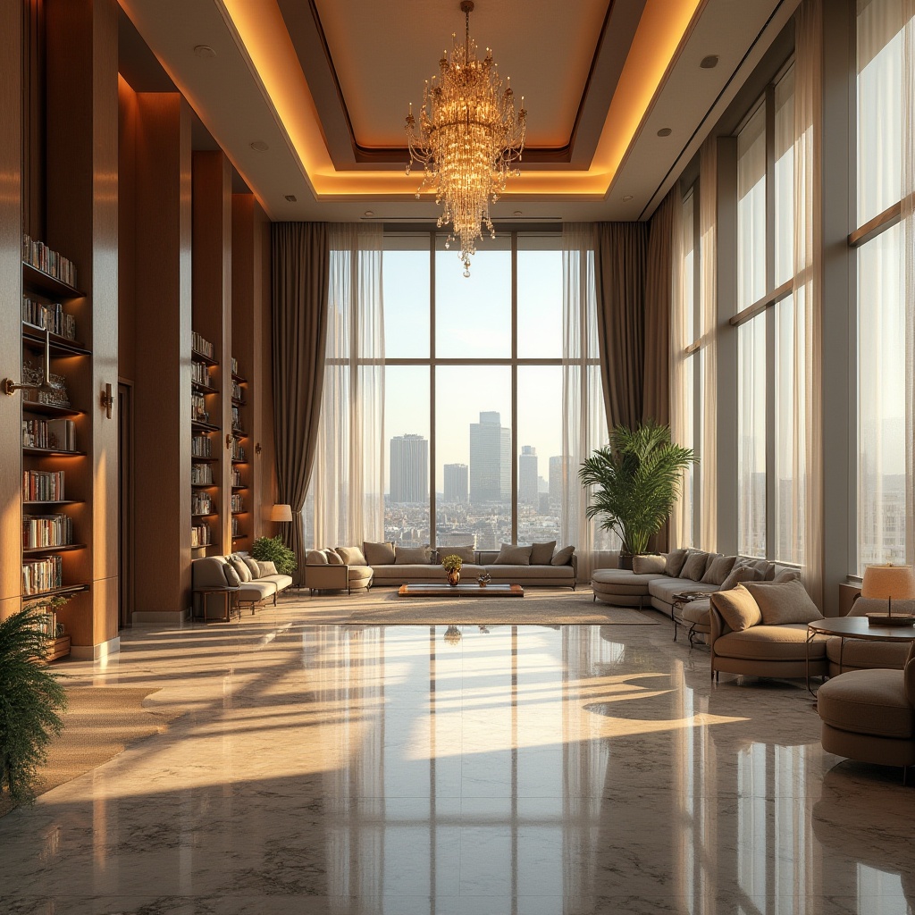 Prompt: Luxurious hotel lobby, high ceilings, grand chandeliers, marble floors, natural stone walls, floor-to-ceiling windows, warm wooden accents, soft diffused lighting, cozy reading nooks, plush furnishings, elegant drapery, panoramic city views, bright sunny day, gentle warm light, shallow depth of field, 1/2 composition, realistic textures, ambient occlusion.