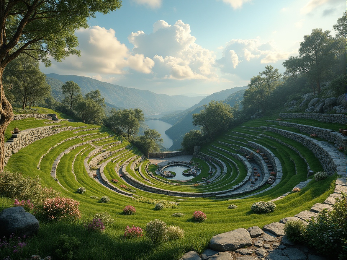 Prompt: Natural amphitheater, lush green slopes, tiered seating areas, rustic stone walls, wooden benches, scenic overlooks, meandering pathways, wildflower gardens, native plant species, serene water features, gentle cascades, soft misting systems, warm sunny days, dramatic cloud formations, cinematic panoramic views, 3/4 composition, atmospheric perspective, realistic textures, ambient occlusion.