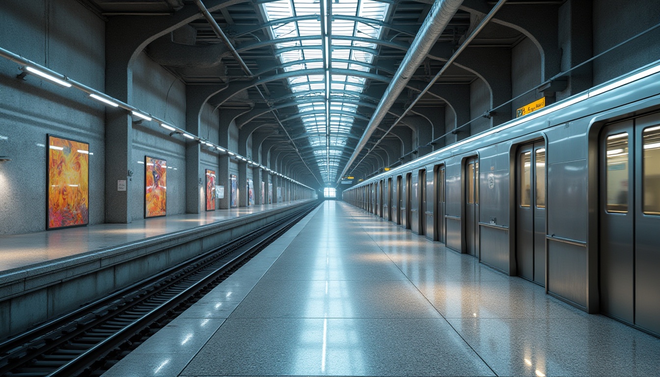 Prompt: Gleaming metro station, polished granite floors, stainless steel columns, futuristic LED lighting, sleek glass ceilings, industrial metal beams, rough concrete walls, vibrant urban artwork, bustling city atmosphere, morning rush hour, soft natural light, shallow depth of field, 1/2 composition, realistic reflections, ambient occlusion.