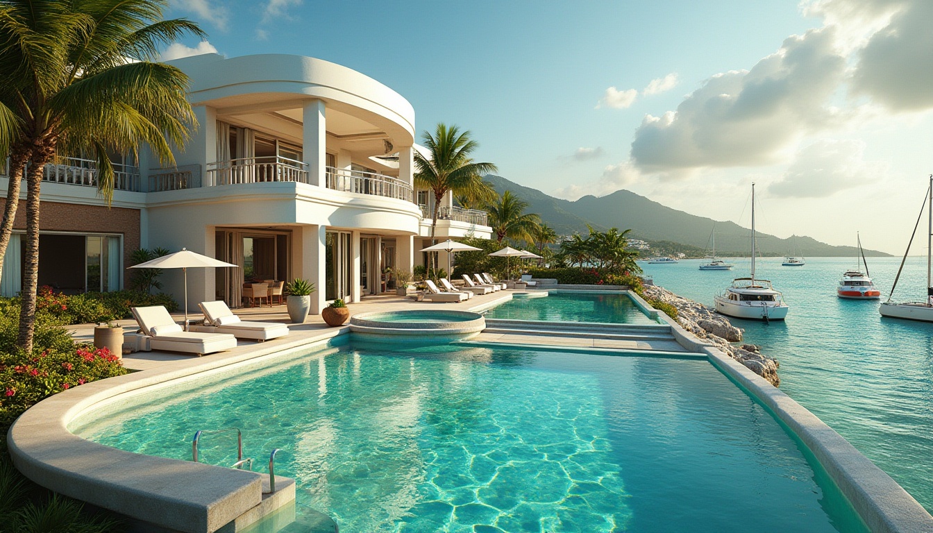 Prompt: Luxurious villas, ornate Art Deco facades, curved lines, metallic accents, geometric patterns, vibrant turquoise pools, lush greenery, palm trees, tropical flowers, sun-kissed beaches, crystal-clear waters, sailboats, yachts, warm sunny day, soft warm lighting, shallow depth of field, 3/4 composition, panoramic view, realistic textures, ambient occlusion.