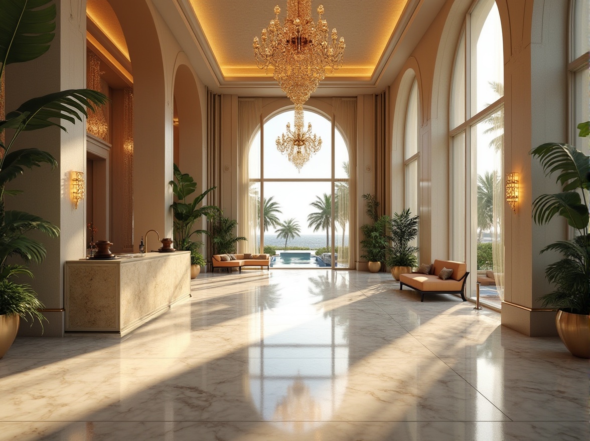 Prompt: Luxurious hotel lobby, high ceilings, grand chandeliers, polished marble floors, elegant furnishings, abundant natural light, floor-to-ceiling windows, sliding glass doors, outdoor pool areas, lush greenery, tropical plants, warm sunny days, soft diffused lighting, minimal shadows, 1/1 composition, symmetrical balance, realistic reflections, ambient occlusion.