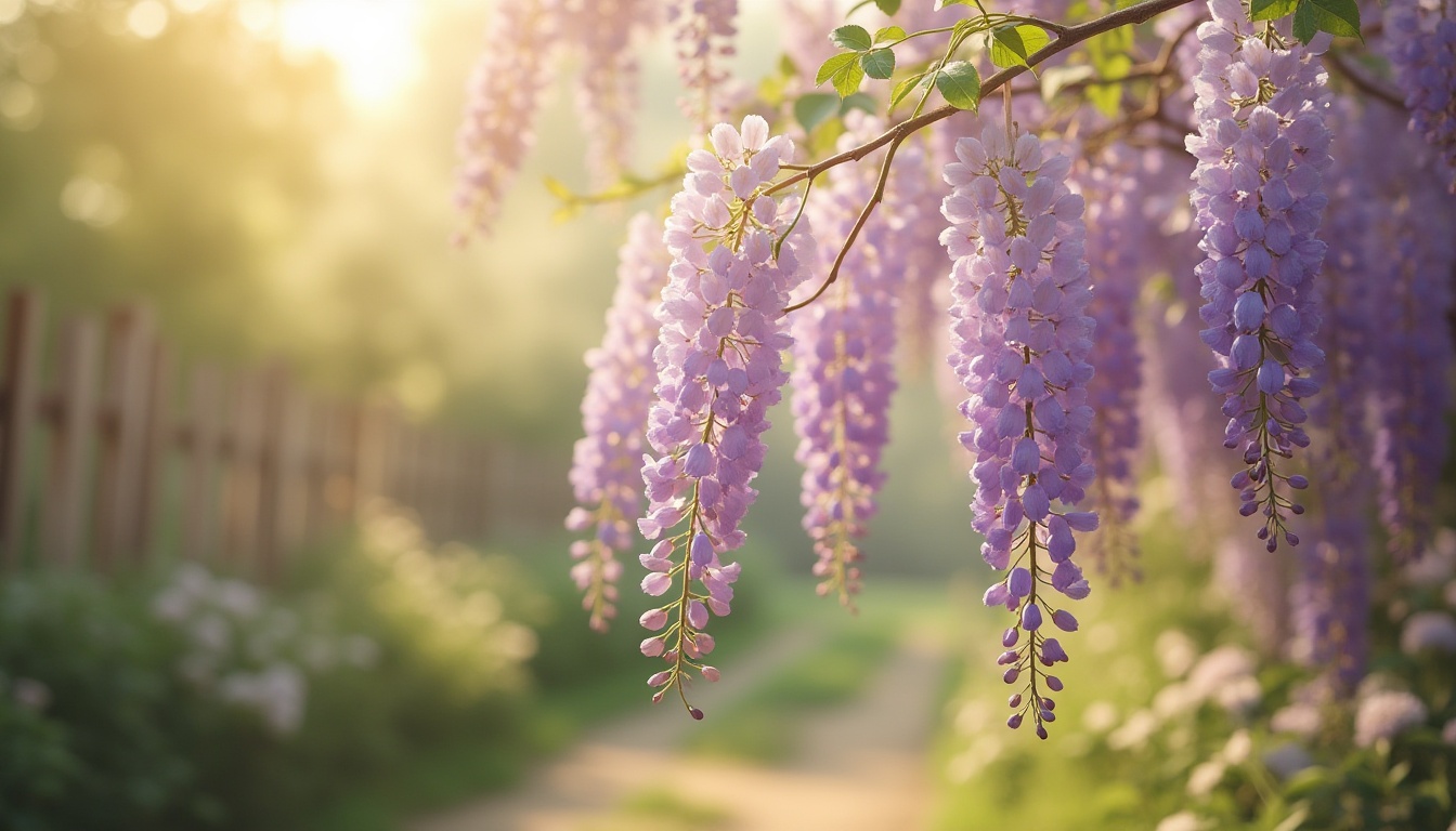 Prompt: Dreamy wisteria flowers, soft pastel hues, gentle lavender shades, creamy whites, warm beige tones, subtle purple undertones, delicate petal textures, organic botanical forms, whimsical garden scenery, rustic wooden fences, lush greenery, sunny afternoon light, warm atmospheric glow, shallow depth of field, 1/2 composition, realistic rendering, ambient occlusion.