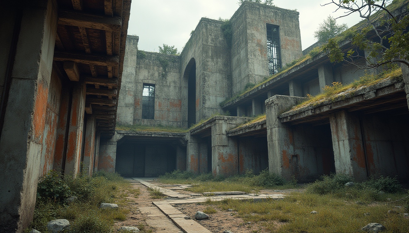 Prompt: Rugged concrete walls, rough-hewn stone facades, brutalist fortress-like structures, industrial metal beams, distressed wood accents, earthy color palette, moss-covered roofs, overgrown vegetation, abandoned urban landscapes, dramatic natural lighting, high-contrast shadows, cinematic atmosphere, imposing scale, monumental architecture, functional minimalism, raw material expression, tactile textures, weathered patina, post-apocalyptic ambiance, abstract composition, 1/2 perspective, gritty realism.