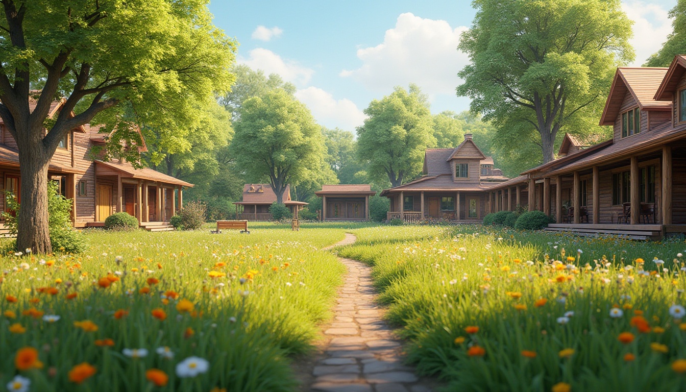 Prompt: Rural schoolyard, lush green meadows, vibrant wildflowers, rustic playground equipment, wooden fences, country-style benches, educational gardens, natural stone pathways, earth-toned buildings, modern farmhouse architecture, large porches, wooden doors, blooming trees, sunny day, soft warm lighting, shallow depth of field, 3/4 composition, panoramic view, realistic textures, ambient occlusion.