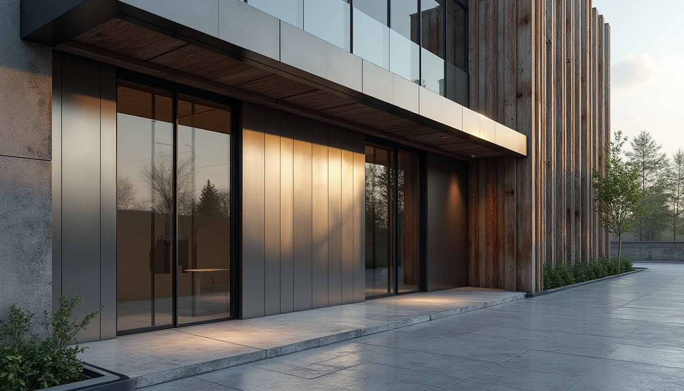 Prompt: Modern building facade, metallic panels, reflective glass surfaces, industrial concrete walls, reclaimed wood accents, weathered steel beams, polished chrome details, matte black finishes, subtle gradient effects, soft natural light, shallow depth of field, 1/1 composition, realistic renderings, ambient occlusion.