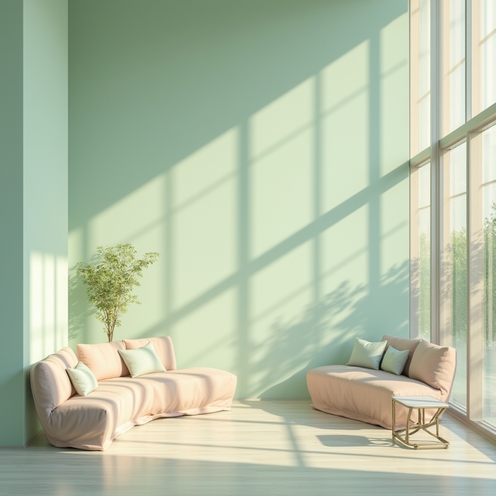 Prompt: Soft mint walls, calming atmosphere, natural light pouring through large windows, modern minimalist furniture, sleek metal accents, pastel-colored decorative objects, gentle shadows, creamy textures, subtle gradient effects, 1/1 composition, shallow depth of field, soft focus, warm color temperature, morning sunlight, peaceful ambiance.