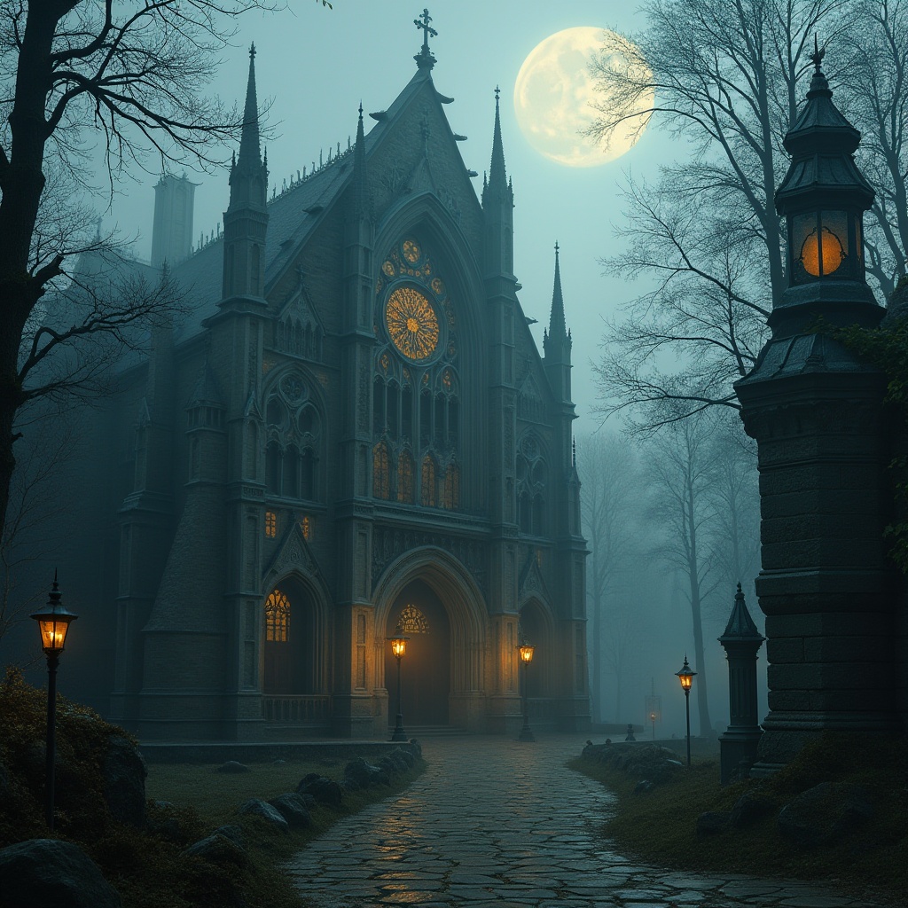 Prompt: Mysterious Gothic cathedral, intricately carved stone fa\u00e7ade, stained glass windows, grandiose archways, ornate spires, mystical foggy atmosphere, misty morning light, serene forest surroundings, ancient trees, twisted vines, overgrown ruins, moss-covered stones, winding stone paths, lantern-lit alleys, mysterious moonlit night, dramatic high-contrast lighting, atmospheric depth of field, 1/2 composition, symmetrical framing, warm color palette, rich textures.