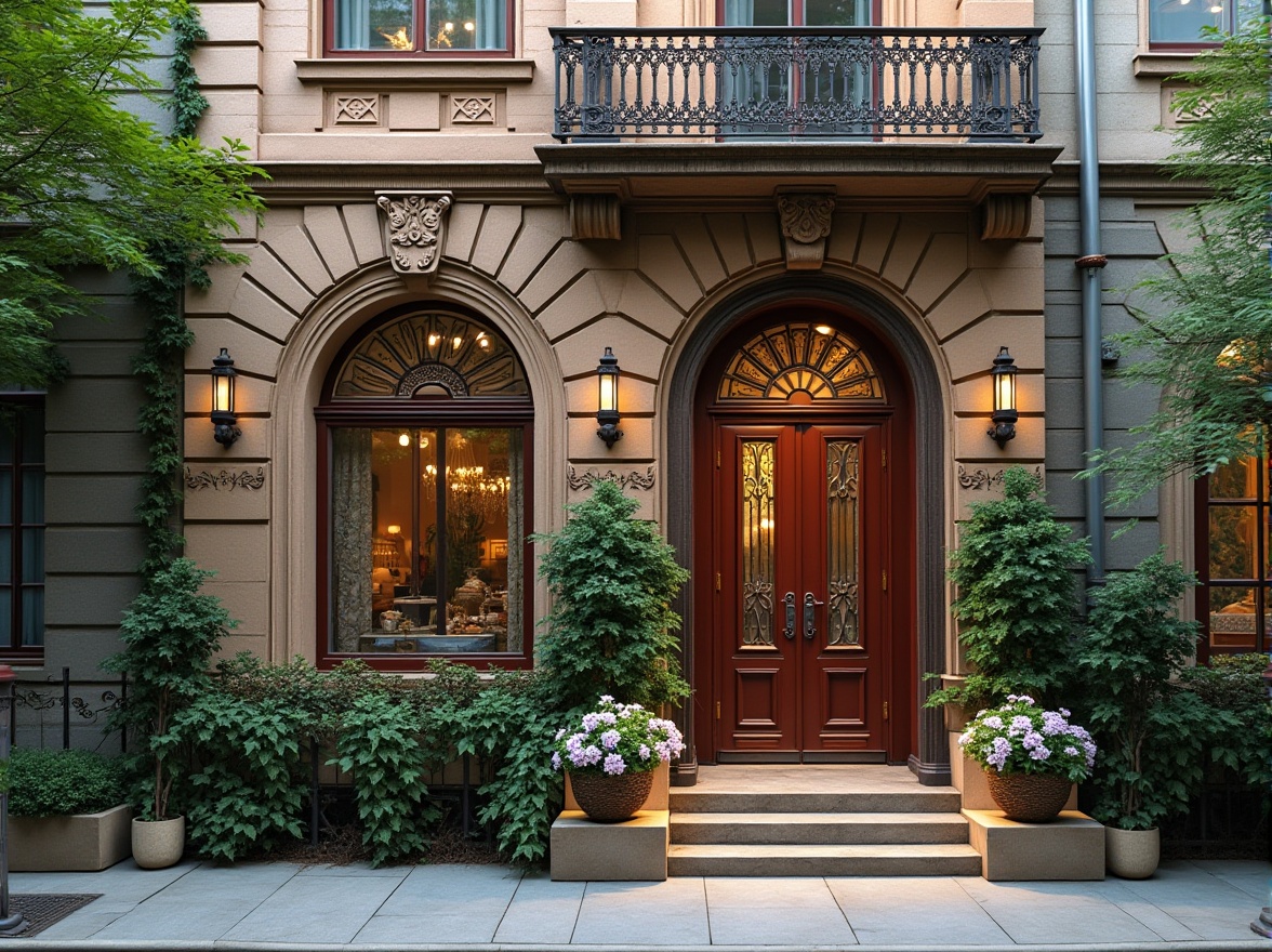 Prompt: Ornate building facade, intricate stone carvings, grand entrance archways, ornamental metalwork, decorative cornices, vibrant glazed tiles, rustic brick patterns, modern minimalist windows, sleek glass railings, lush green walls, climbing vines, blooming flower boxes, soft warm lighting, shallow depth of field, 3/4 composition, realistic textures, ambient occlusion.