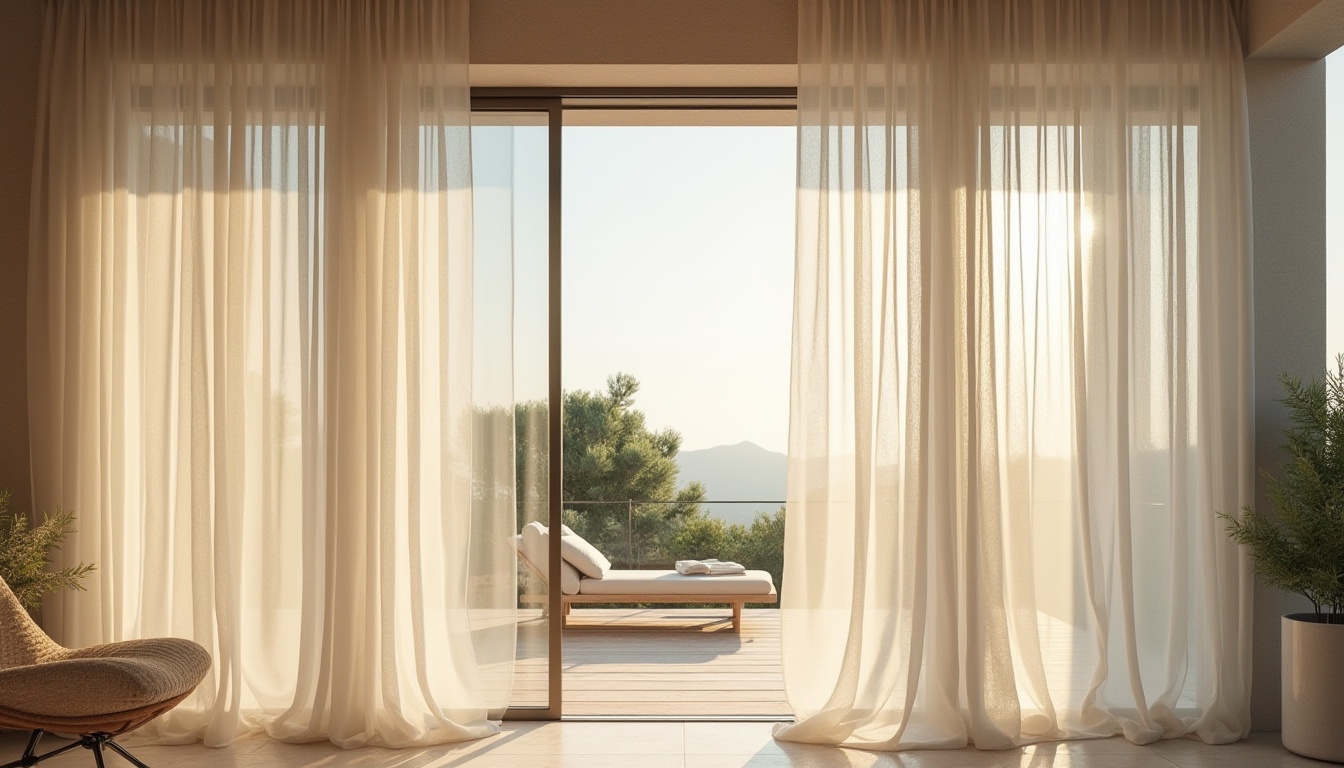 Prompt: Floor-to-ceiling windows, minimalist drapery, flowing white curtains, natural linen fabrics, subtle patterns, elegant folds, modern villa exterior, Mediterranean architecture, warm sunny day, soft warm lighting, shallow depth of field, 3/4 composition, panoramic view, realistic textures, ambient occlusion, sleek metal frames, glass doors, sliding panels, sheer Roller Shades, blackout Roman Shades, textured woven woods, bamboo blinds, motorized curtain tracks, smart home automation.