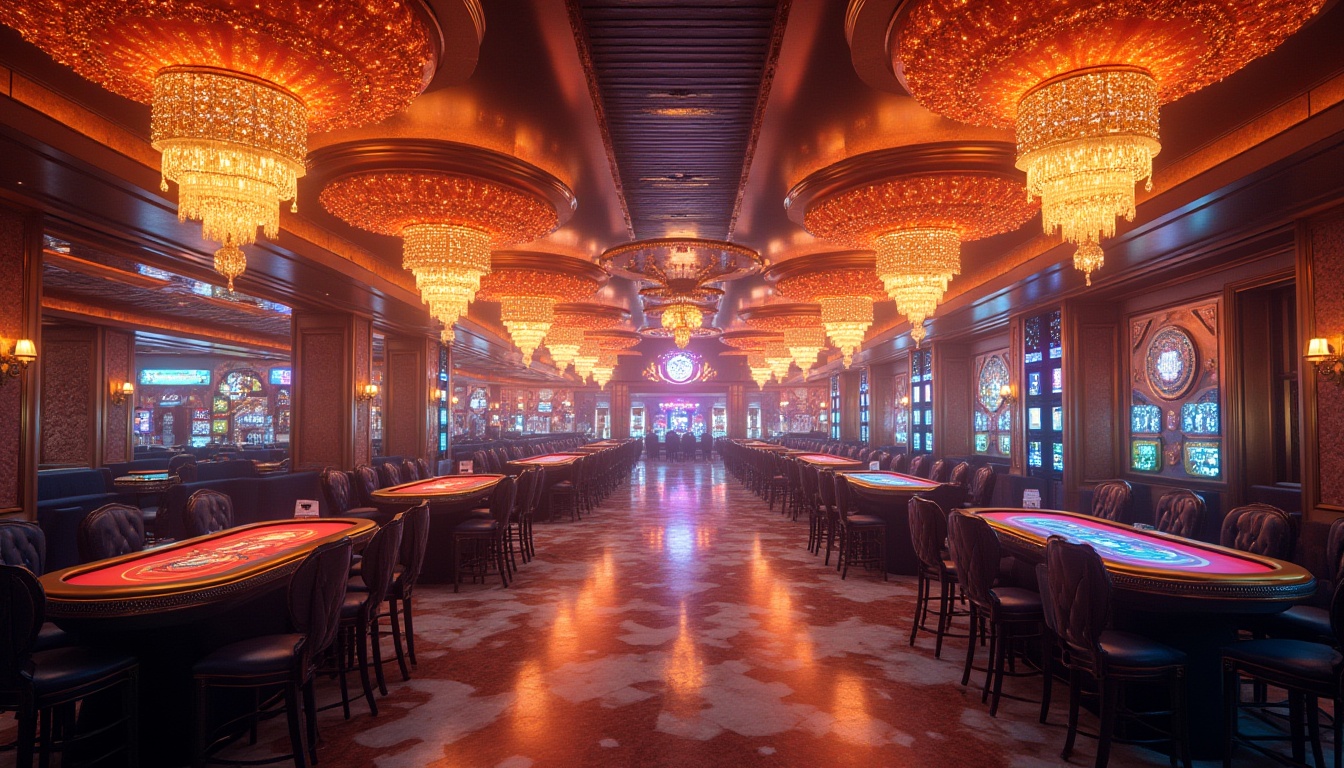 Prompt: Vibrant casino atmosphere, dynamic LED light shows, shimmering chandeliers, warm golden ambiance, high-contrast lighting, spotlights on gaming tables, colorful neon signs, futuristic architectural design, sleek modern interior, polished marble floors, luxurious VIP lounges, intimate private rooms, dramatic ceiling heights, soft ambient glow, realistic textures, 3/4 composition, cinematic lighting effects.