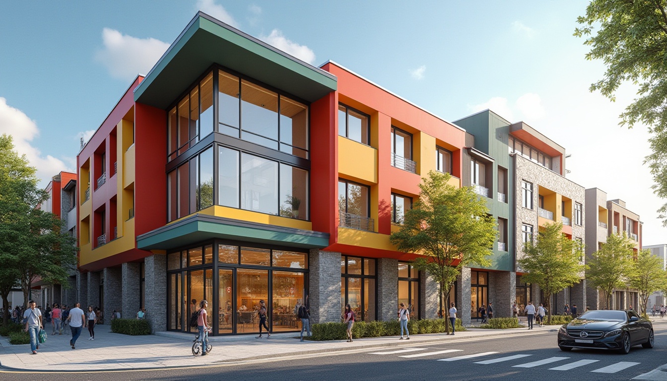 Prompt: Vibrant community center facade, bold color scheme, dynamic shapes, large windows, natural stone walls, wooden accents, modern architecture, urban landscape, busy streets, pedestrian traffic, sunny day, soft warm lighting, shallow depth of field, 3/4 composition, panoramic view, realistic textures, ambient occlusion.