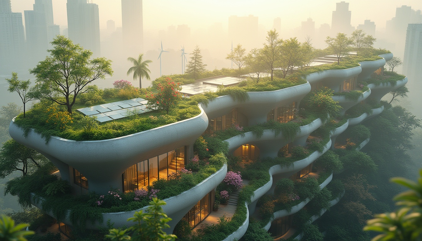 Prompt: Eco-friendly skyscraper, green roofs, solar panels, wind turbines, rainwater harvesting systems, recycled materials, natural ventilation, large windows, minimalist design, energy-efficient lighting, organic shapes, curved lines, living walls, urban garden, vibrant floral arrangements, misty morning, soft warm lighting, shallow depth of field, 3/4 composition, panoramic view, realistic textures, ambient occlusion.