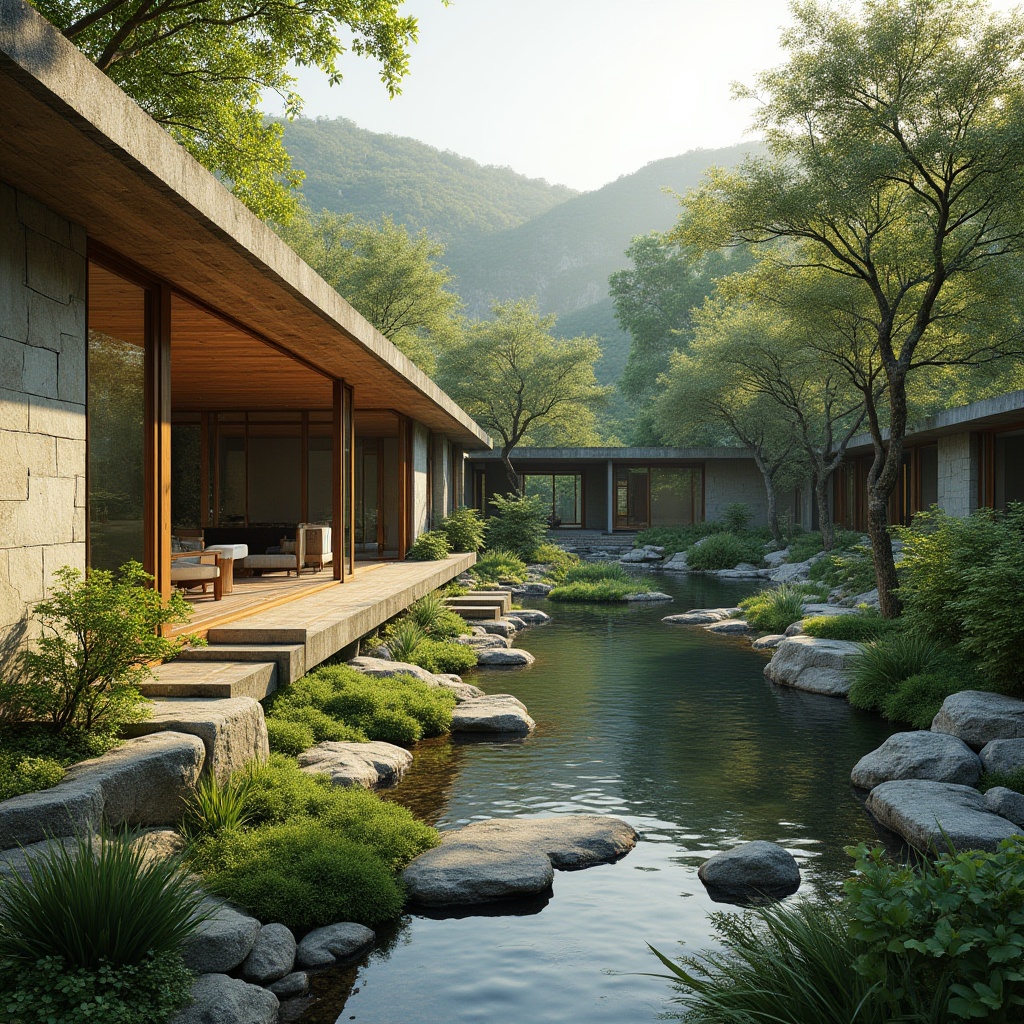 Prompt: Seamless landscape integration, naturalistic scenery, lush greenery, meandering water features, organic shapes, curvilinear paths, native plant species, locally sourced materials, earthy color palette, weathered stone walls, reclaimed wood accents, modern minimalist architecture, large overhangs, floor-to-ceiling windows, sliding glass doors, warm diffused lighting, soft focus, shallow depth of field, 2/3 composition, aerial view, realistic textures, ambient occlusion.