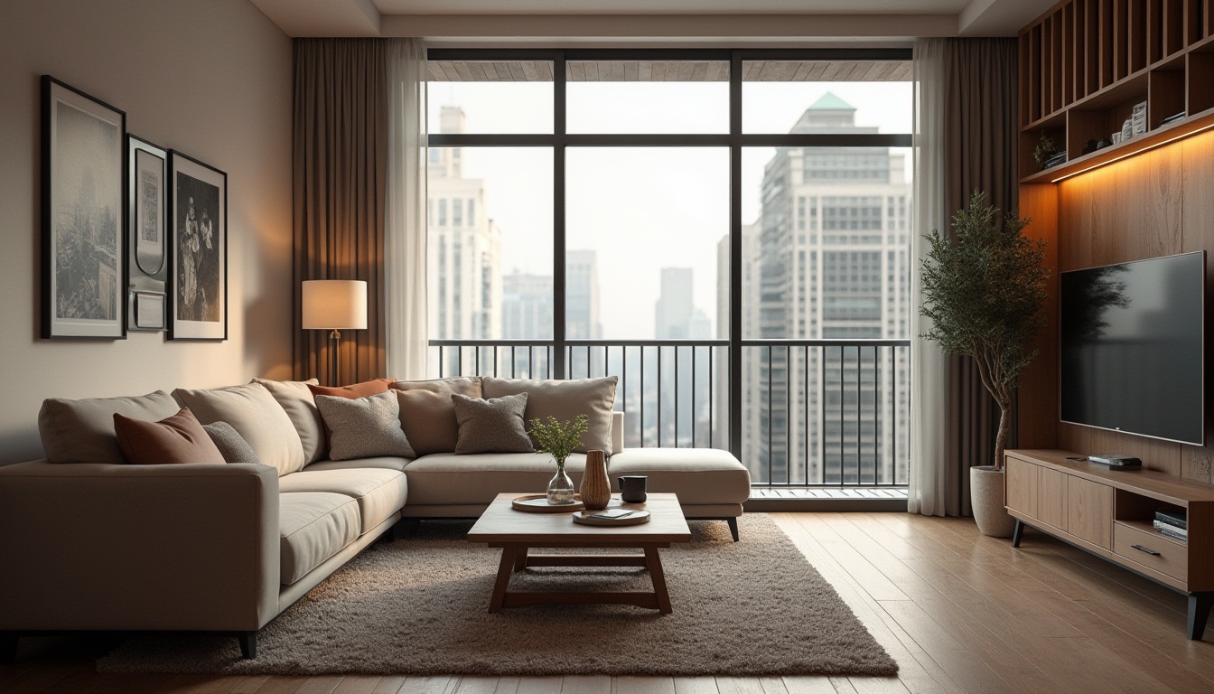 Prompt: Cozy living room, comfortable sofa, warm lighting, wooden coffee table, plush area rug, minimalist decor, functional shelving units, floor-to-ceiling windows, natural ventilation, urban cityscape view, modern apartment building, sleek metal balcony, subtle color palette, soft fabric textures, shallow depth of field, 1/2 composition, realistic rendering, ambient occlusion.