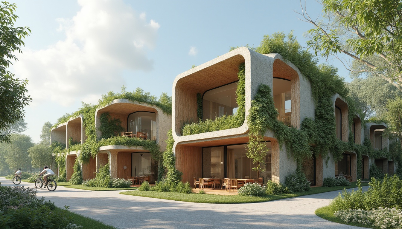 Prompt: Eco-friendly building, recycled materials, low-carbon concrete, FSC-certified wood, bamboo facades, green roofs, living walls, solar panels, wind turbines, rainwater harvesting systems, grey water reuse, natural ventilation, large overhangs, shading devices, double glazing, thermal insulation, cork flooring, reclaimed wood accents, minimalist decor, earthy color palette, organic forms, curved lines, sustainable urban planning, community gardens, public art installations, pedestrian-friendly streets, bike lanes, electric vehicle charging stations, zero-waste policy.