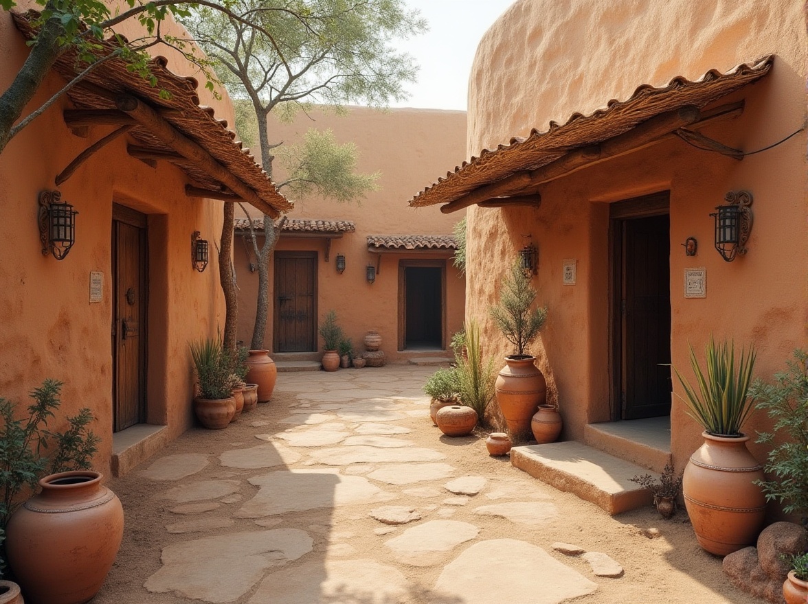 Prompt: Earth-toned adobe buildings, natural stone walls, rustic wooden doors, distressed metal accents, handmade ceramics, woven bamboo roofs, vibrant textiles, intricately carved wood decorations, warm earthy color palette, soft diffused lighting, 1/1 composition, realistic weathering effects, ambient occlusion.