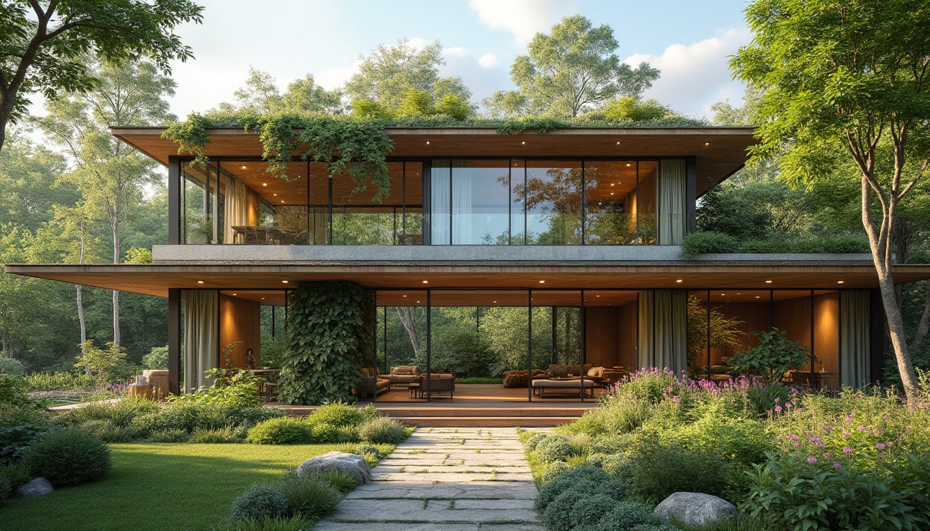 Prompt: Glass facade, seamless transitions, blurred boundaries, indoor-outdoor connections, natural ventilation, green roofs, living walls, floor-to-ceiling windows, sliding glass doors, minimal frames, unobstructed views, organic forms, biophilic design, earthy tones, reclaimed wood accents, lush greenery, vibrant flowers, soft natural light, warm ambiance, 1/1 composition, shallow depth of field, panoramic view, realistic textures, ambient occlusion.