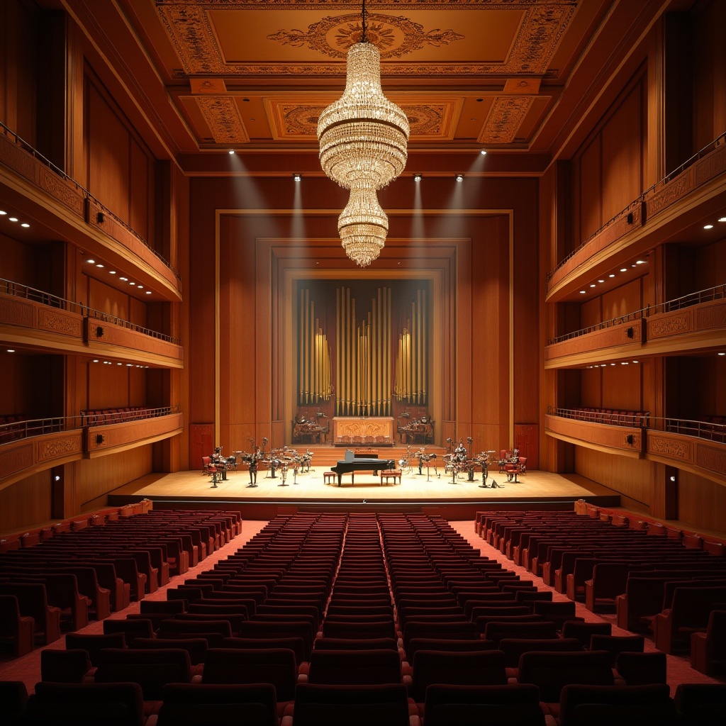 Prompt: Elegant concert hall, ornate chandeliers, rich wood tones, plush velvet seats, refined soundproofing materials, sophisticated acoustic panels, precision-crafted instruments, grand pianos, dramatic stage lighting, warm spotlights, intimate seating arrangements, 2/3 composition, shallow depth of field, soft diffused lighting, realistic textures, ambient occlusion.