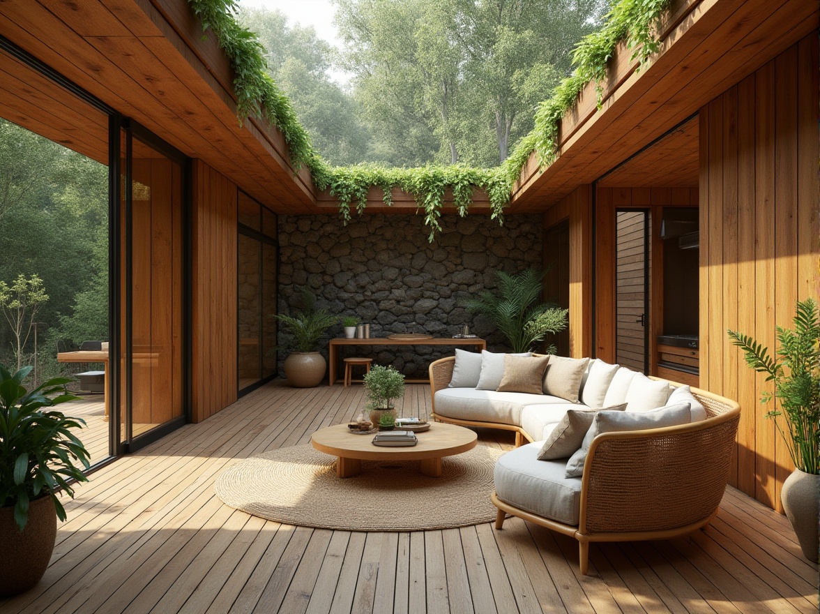 Prompt: Earth-toned wooden accents, reclaimed wood textures, natural stone walls, living green roofs, bamboo furniture, woven rattan details, organic cotton upholstery, recycled paper surfaces, low-VOC paint finishes, energy-efficient systems, passive solar design, rainwater harvesting, native plant species, serene forest surroundings, warm soft lighting, shallow depth of field, 1/1 composition, realistic wood grain textures, ambient occlusion.