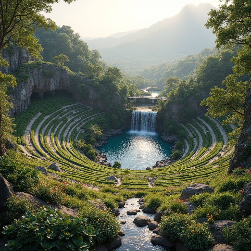 Prompt: Grand amphitheater, lush green slopes, natural stone seating, cascading water features, vibrant flower beds, meandering walkways, scenic lookout points, panoramic views, modern architecture, curved lines, glass railings, steel structures, warm evening lighting, soft shadows, 1/2 composition, atmospheric perspective, realistic textures, ambient occlusion.Please let me know if this meets your requirements!