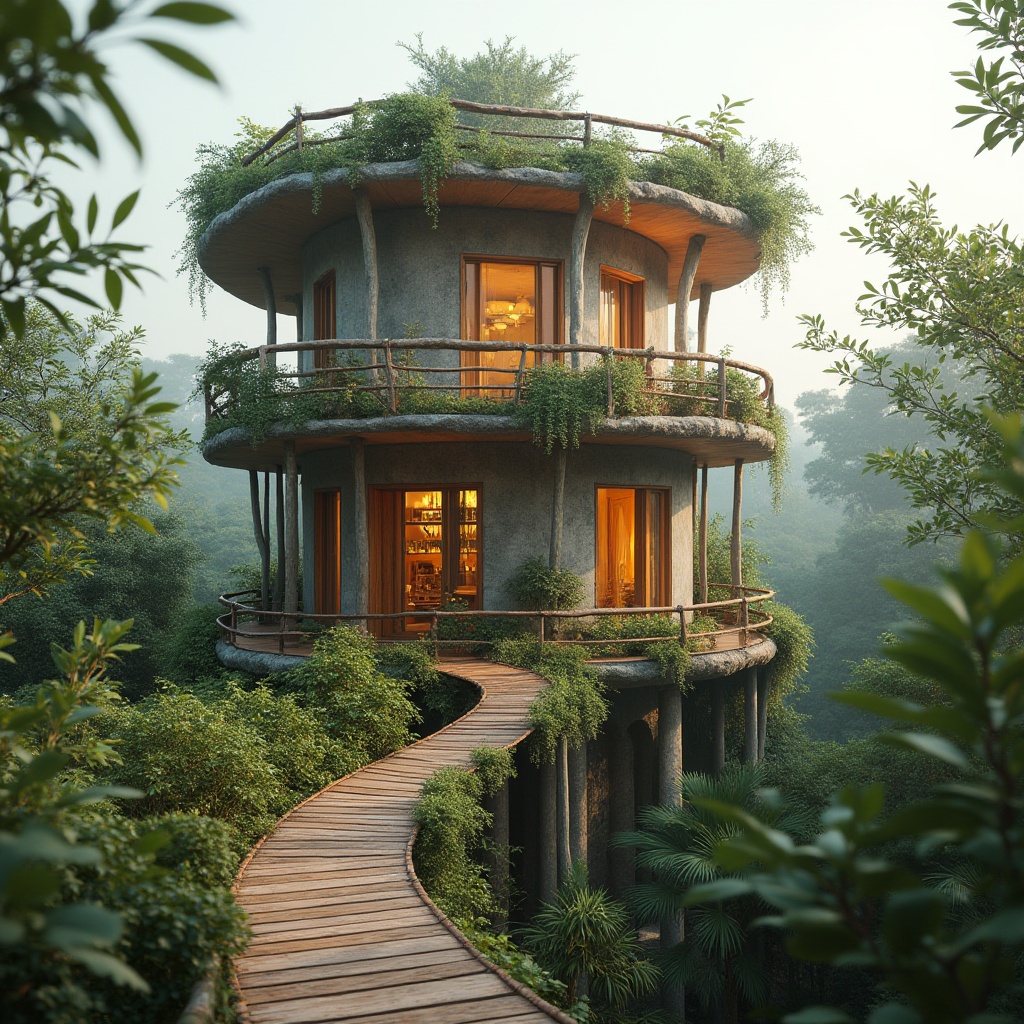 Prompt: Elevated watchtower, wooden latticework, organic shapes, natural materials, reclaimed wood, low-carbon concrete, living roofs, green walls, solar panels, wind turbines, rainwater harvesting systems, composting toilets, eco-friendly paints, recycled metal accents, bamboo flooring, woven wicker furniture, earthy color palette, soft warm lighting, atmospheric mist, shallow depth of field, 1/1 composition, realistic textures, ambient occlusion.