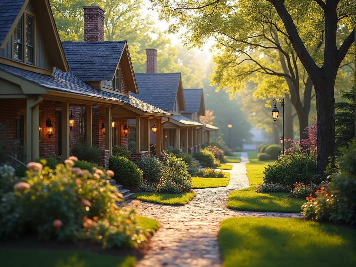 Prompt: Quaint suburban neighborhood, cozy single-family homes, pitched roofs, dormer windows, brick facades, manicured lawns, blooming gardens, mature trees, winding sidewalks, welcoming front porches, warm natural lighting, soft focus, 1/2 composition, intimate atmosphere, realistic textures, subtle color palette, rustic wooden fences, vintage street lamps, peaceful morning ambiance.