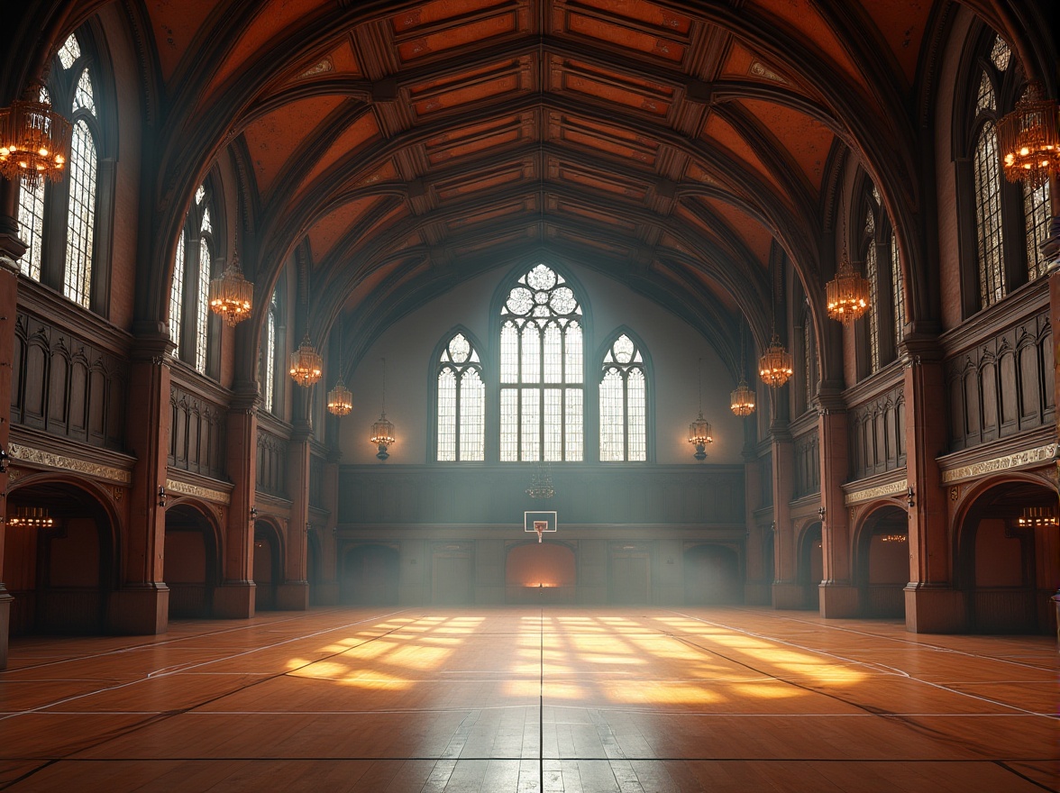 Prompt: Grand gymnasium hall, vaulted ceilings with ribbed arches, pointed Gothic windows, stained glass accents, rich wood tones, ornate metalwork, intricate carvings, dramatic chandeliers, high-contrast lighting, atmospheric misting, intense athletic equipment, sports-themed murals, dynamic perspective, symmetrical composition, warm color palette, nostalgic ambiance, realistic textures, ambient occlusion.