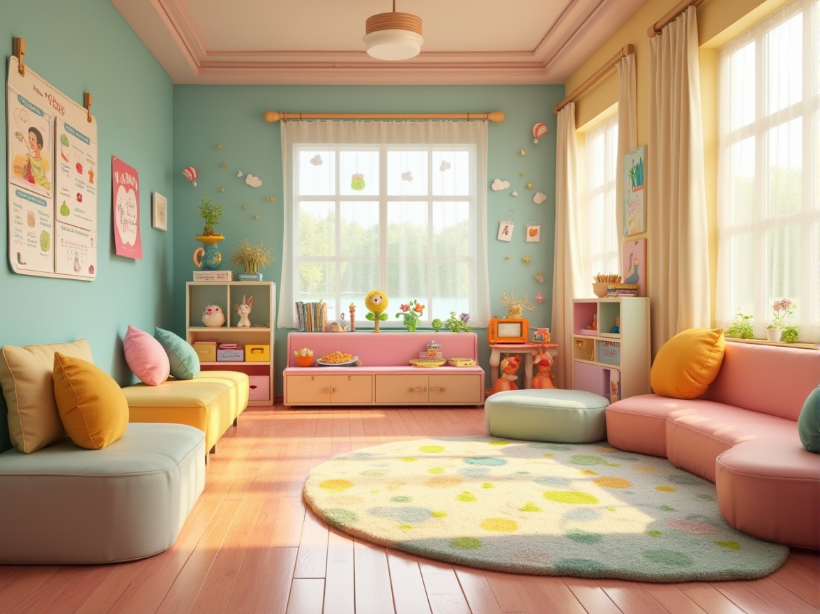 Prompt: Vibrant kindergarten, bright color scheme, playful furniture, rounded edges, soft cushions, educational decorations, interactive display boards, stimulating activity centers, imaginative play areas, cozy reading nooks, natural wood accents, gentle lighting fixtures, pastel hues, soothing ambiance, calming atmosphere, cheerful artwork, whimsical patterns, textured rugs, kid-friendly materials, safe flooring, joyful murals, engaging 3D visuals, shallow depth of field, 1/1 composition, panoramic view, realistic textures, ambient occlusion.