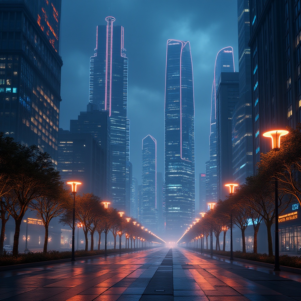 Prompt: Futuristic cityscape, neon lights, sleek skyscrapers, LED strips, ambient glow, soft warm illumination, modern street lamps, pedestrian walkways, urban plaza, vibrant nighttime atmosphere, 3D holographic projections, fiber-optic installations, kinetic light sculptures, sustainable energy-efficient solutions, smart lighting systems, wireless connectivity, IoT integration, futuristic transportation hubs, misty foggy mornings, shallow depth of field, 1/2 composition, cinematic lighting effects.