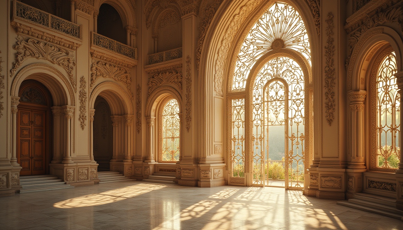 Prompt: Intricate ornate details, flowing organic lines, sinuous curves, botanical motifs, stained glass windows, grand entranceways, majestic arches, ornamental balconies, wrought iron railings, elegant stonework, soft golden lighting, warm beige tones, 1/1 composition, shallow depth of field, realistic textures, ambient occlusion.