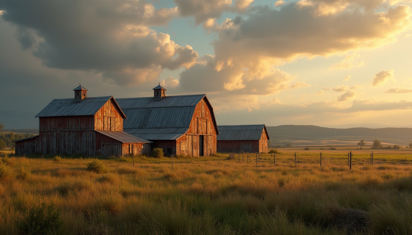 Prompt: Rustic barns, asymmetrical silhouettes, bold angular forms, corrugated metal cladding, distressed wood textures, earthy color palette, rural landscape, rolling hills, verdant fields, dramatic skies, warm golden lighting, shallow depth of field, 1/2 composition, atmospheric perspective, realistic weathering effects.