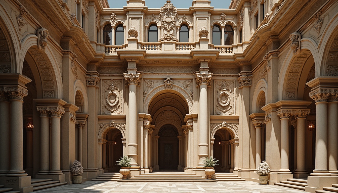 Prompt: Ornate Renaissance palace facade, grandiose columns, intricately carved stone details, ornamental balconies, majestic archways, rusticated quoins, symmetrical composition, warm golden lighting, subtle shadows, high contrast ratio, 1/2 composition, dramatic perspective, realistic textures, ambient occlusion, Italian-inspired motifs, decorative sculptures, lavish frescoes, Baroque-style ornamentation, grand entrance doors, opulent chandeliers.