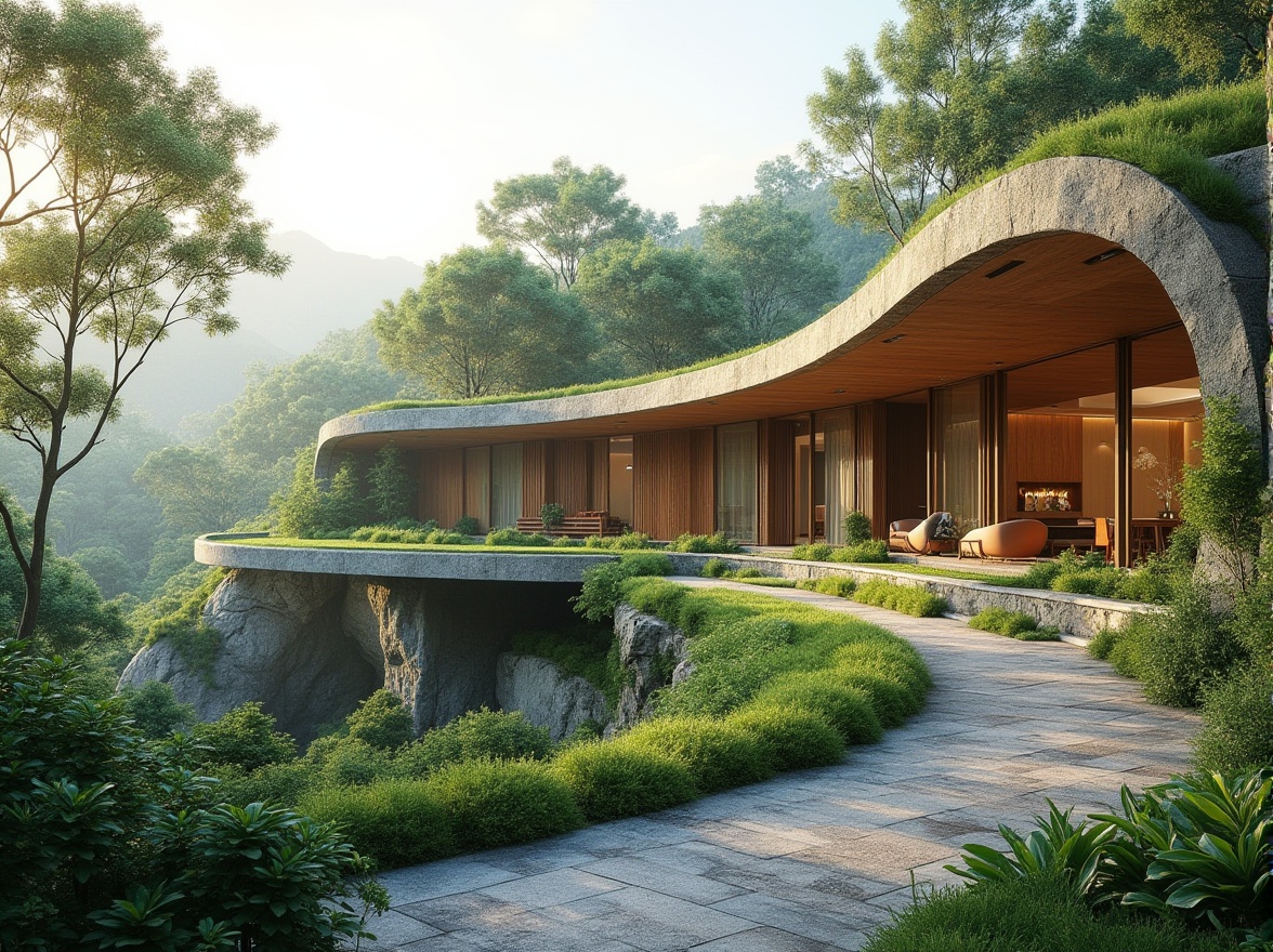 Prompt: Harmonious landscape integration, curved building silhouette, lush green roofs, native plant species, meandering walkways, natural stone walls, wooden accents, eco-friendly materials, large windows, panoramic views, seamless indoor-outdoor transition, modern minimalist architecture, subtle color palette, soft warm lighting, shallow depth of field, 3/4 composition, realistic textures, ambient occlusion.