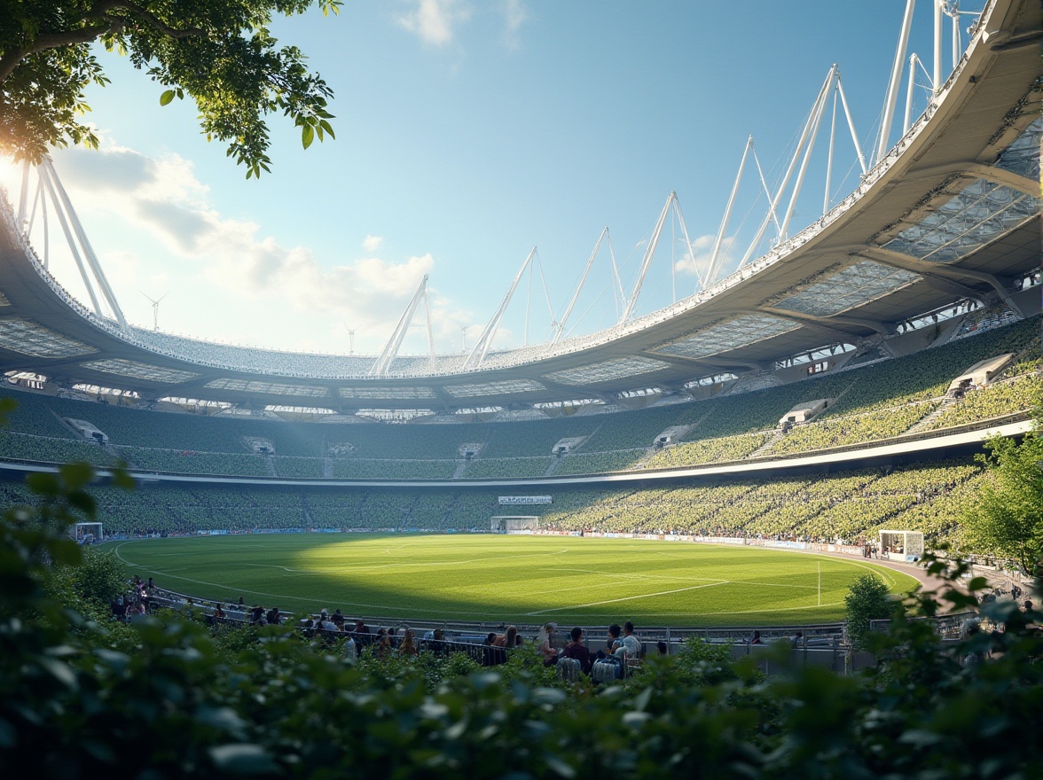 Prompt: Grandiose football stadium, sleek curved lines, futuristic architecture, massive cantilevered roofs, transparent glass fa\u00e7ades, vibrant LED lighting, dynamic angular shapes, modern steel structures, imposing concrete columns, lush green surroundings, vast open spaces, sunny day, soft warm lighting, shallow depth of field, 3/4 composition, panoramic view, realistic textures, ambient occlusion.