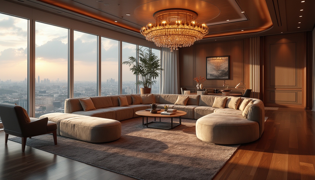 Prompt: Luxurious living room, velvety sofas, polished wooden floors, ornate chandeliers, floor-to-ceiling windows, panoramic city views, soft warm lighting, 3/4 composition, cozy atmosphere, minimalist decor, sleek lines, modern furniture, ambient textures, realistic reflections, gentle color palette, elegant curves, sophisticated patterns, artistic accents, lavish fabrics, intimate seating areas.