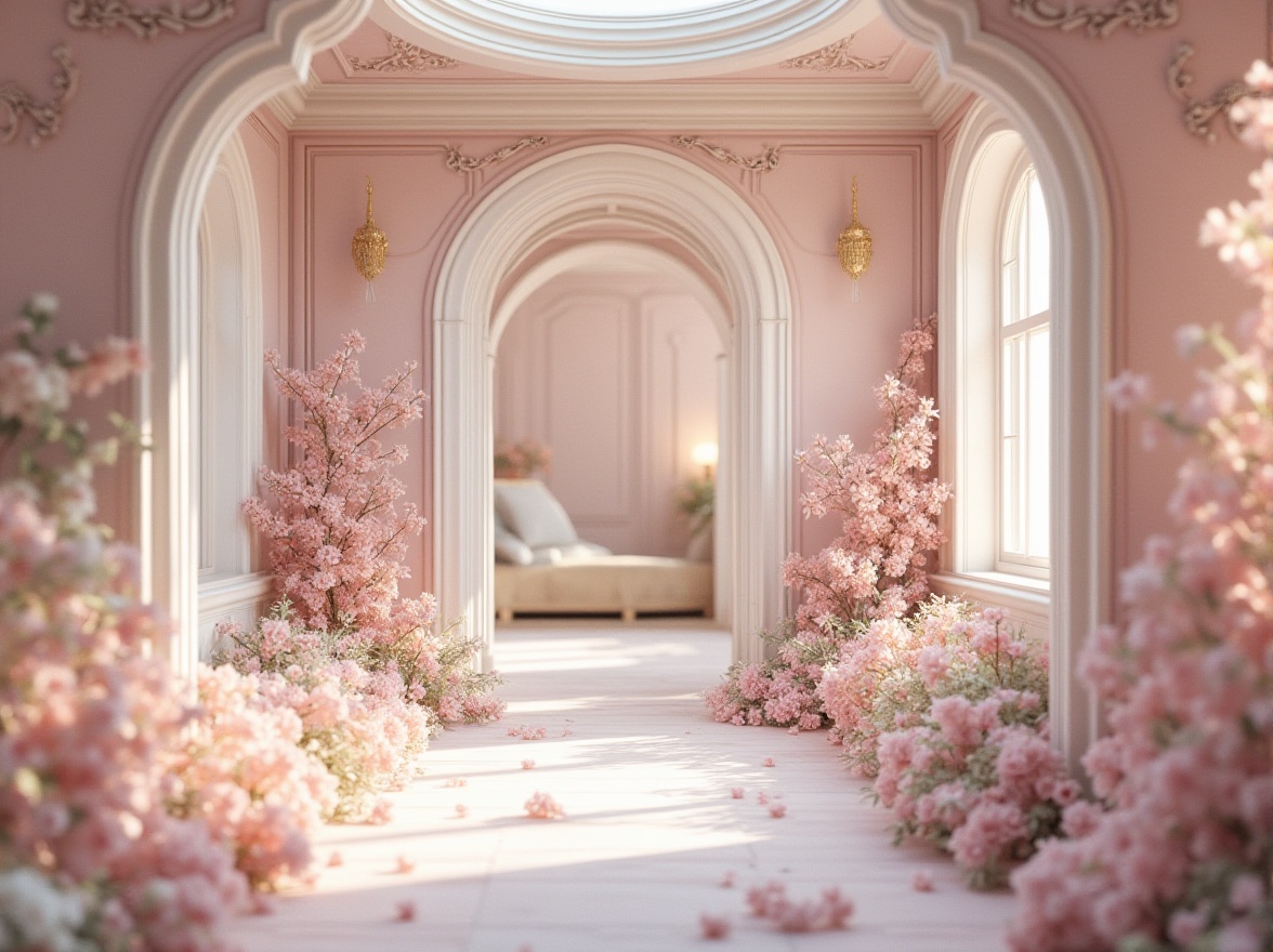 Prompt: Soft lilac hues, pastel pink undertones, creamy whites, warm beige accents, natural wood textures, elegant ornate details, refined Victorian-inspired architecture, lush greenery surroundings, delicate flower patterns, subtle gradient transitions, gentle warm lighting, shallow depth of field, 1/1 composition, realistic fabric simulations, ambient occlusion.