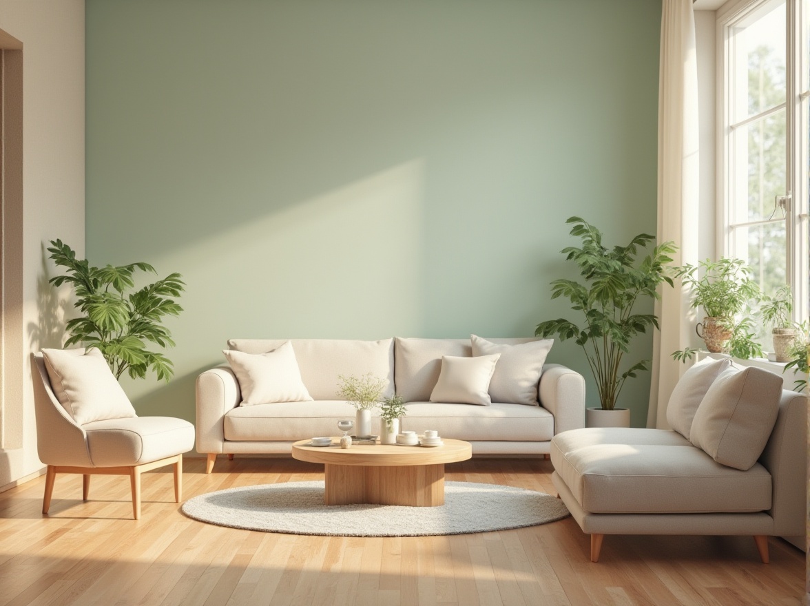 Prompt: Soft mint walls, creamy white accents, warm beige furniture, pale lavender undertones, subtle silver highlights, natural wood textures, earthy terracotta flooring, calming water features, serene botanicals, gentle candlelight, soothing ambient sounds, peaceful morning atmosphere, shallow depth of field, 1/1 composition, soft focus, warm color grading.