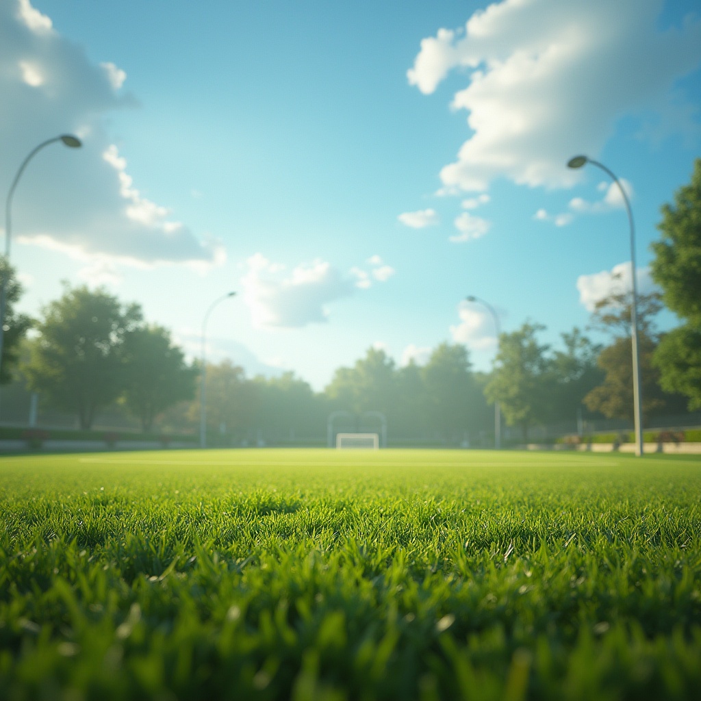 Prompt: Vibrant sports fields, lush green grass, ocean-inspired color scheme, calming blues, soothing whites, warm sandy neutrals, energetic corals, sunny yellow accents, natural textures, weathered wood tones, driftwood grey, sea salt air, misty mornings, dramatic cloud formations, shallow depth of field, 1/2 composition, realistic lighting, soft focus effect.