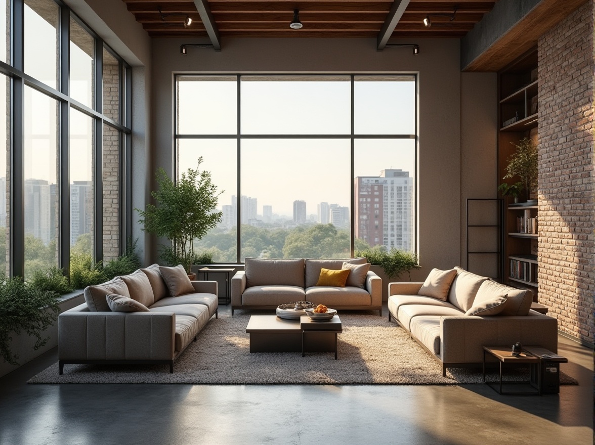 Prompt: Minimalist living room, comfortable sofas, sleek coffee tables, floor-to-ceiling windows, natural light pouring in, urban city view, industrial-chic exposed brick walls, polished concrete floors, modern minimalist decor, greenery accents, ambient warm lighting, shallow depth of field, 1/2 composition, soft focus, realistic textures, atmospheric rendering.