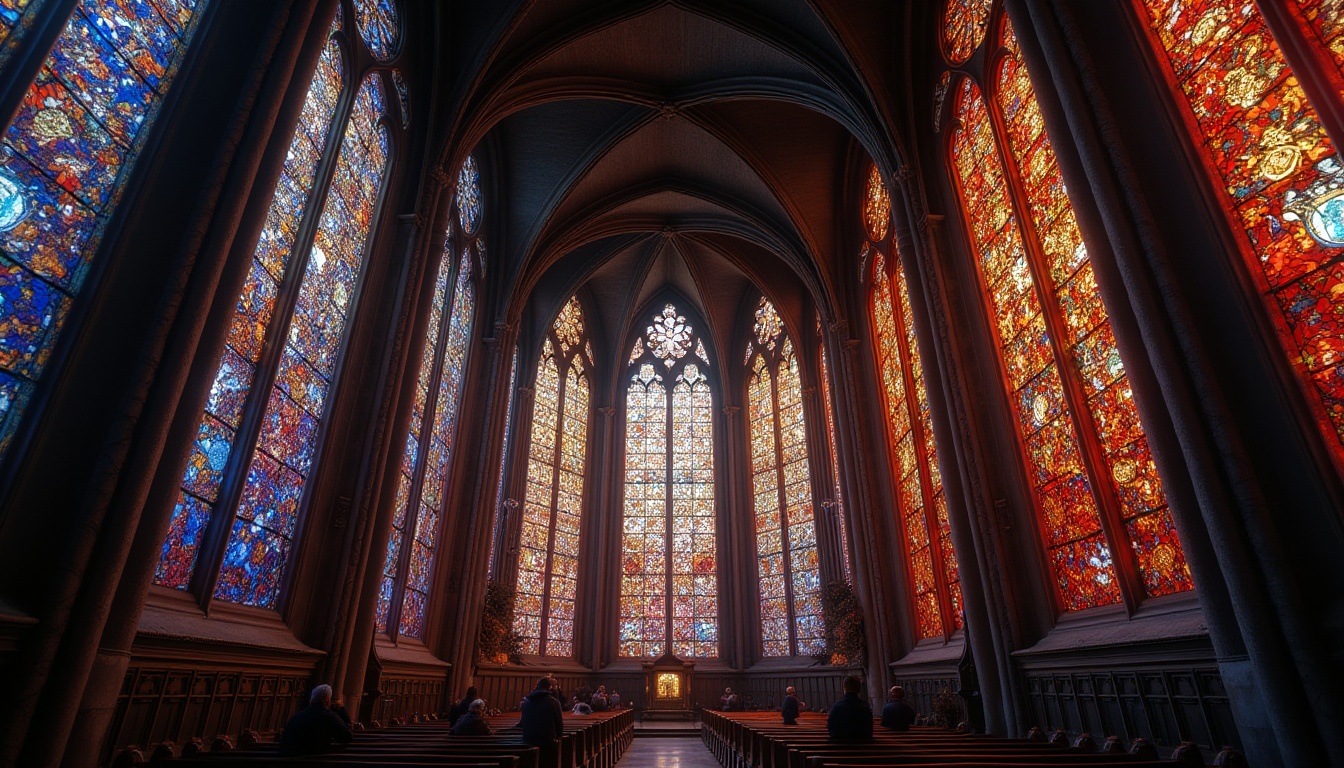 Prompt: Vibrant stained glass windows, kaleidoscope colors, intricate patterns, Gothic architecture, grand cathedrals, sacred religious symbols, ornate details, majestic high ceilings, dimly lit interiors, soft warm lighting, realistic textures, ambient occlusion, 3/4 composition, panoramic view, stunning visual effects.