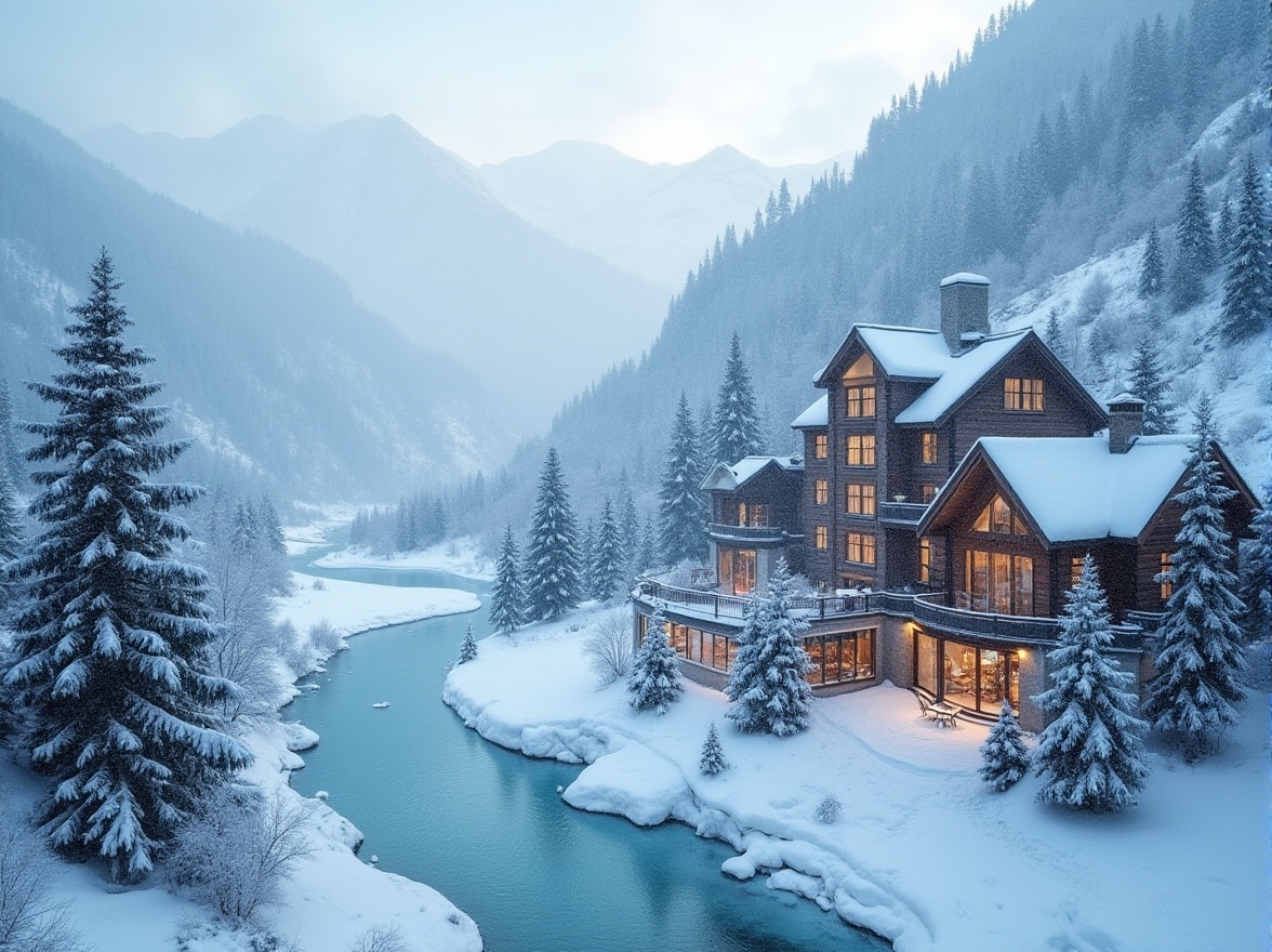 Prompt: Snow-capped mountains, frozen lakes, powdery snowdrifts, ski lifts, chairlifts, gondolas, mountainous terrain, rugged cliffs, pine forests, evergreen trees, rustic wooden lodges, modern ski resort architecture, large glass windows, sliding doors, warm cozy interiors, crackling fireplaces, snowflake patterns, frosty mornings, misty atmosphere, soft focus, shallow depth of field, 1/2 composition, aerial view, realistic snow textures, ambient occlusion.