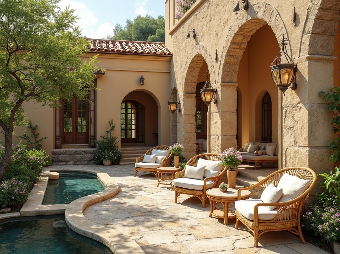 Prompt: Serene villa exterior, warm beige walls, rustic stone accents, lush greenery surroundings, vibrant flowers, tranquil water features, soft warm lighting, 3/4 composition, natural earthy tones, creamy whites, weathered wood textures, Mediterranean-inspired architecture, curved lines, ornate decorations, cozy outdoor seating areas, plush throw pillows, lantern-style lighting fixtures, sunny afternoon ambiance.