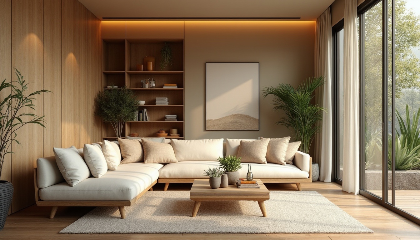 Prompt: Minimalist living room, comfortable seating area, warm beige walls, dark wood flooring, soft warm lighting, floor-to-ceiling windows, natural textiles, plush sofas, geometric coffee tables, vibrant greenery, open shelving units, functional storage spaces, harmonious color palette, 1/1 composition, shallow depth of field, realistic textures, ambient occlusion.