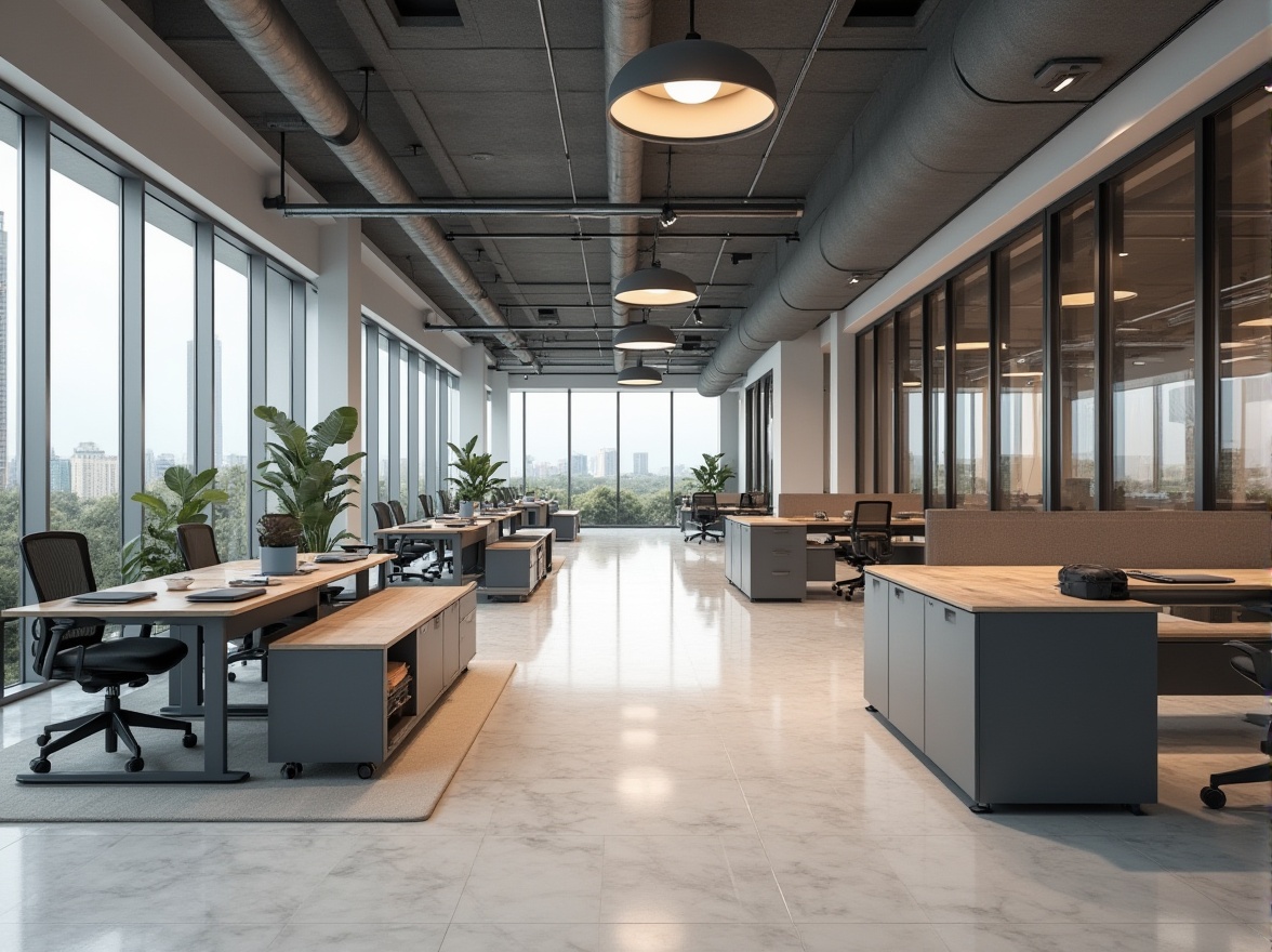 Prompt: Functional office space, open floor plan, collaborative workstations, ergonomic furniture, acoustic panels, minimal decor, natural light, floor-to-ceiling windows, sleek metal frames, modern minimalist architecture, subtle color scheme, calm atmosphere, shallow depth of field, 3/4 composition, realistic textures, ambient occlusion.