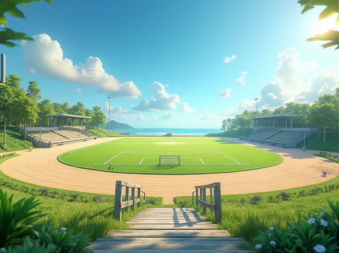 Prompt: Vibrant coastal sports fields, fresh green grass, sandy beige tracks, ocean-inspired blue tones, sunny yellow accents, weathered wood bleachers, steel goalposts, athletic equipment, seaside breeze, clear blue skies, fluffy white clouds, natural textures, warm golden lighting, shallow depth of field, 3/4 composition, panoramic view.