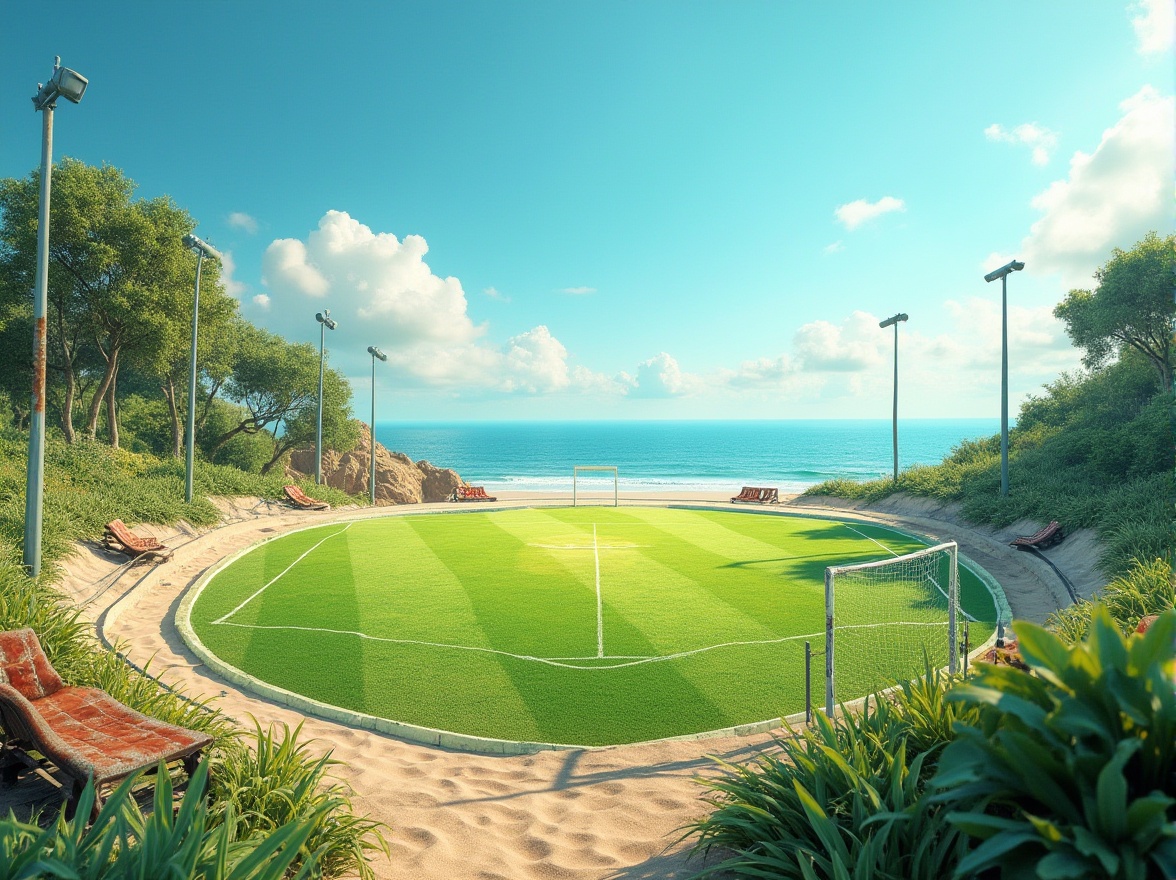 Prompt: Vibrant coastal sports fields, lush green grass, ocean-inspired blue tones, sandy beige accents, weathered wood benches, rusted metal goalposts, nautical rope details, refreshing sea breeze, sunny day, soft warm lighting, shallow depth of field, 3/4 composition, panoramic view, realistic textures, ambient occlusion.